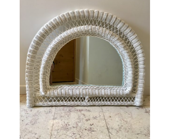 Vintage half-moon rattan mirror white 76x77cm