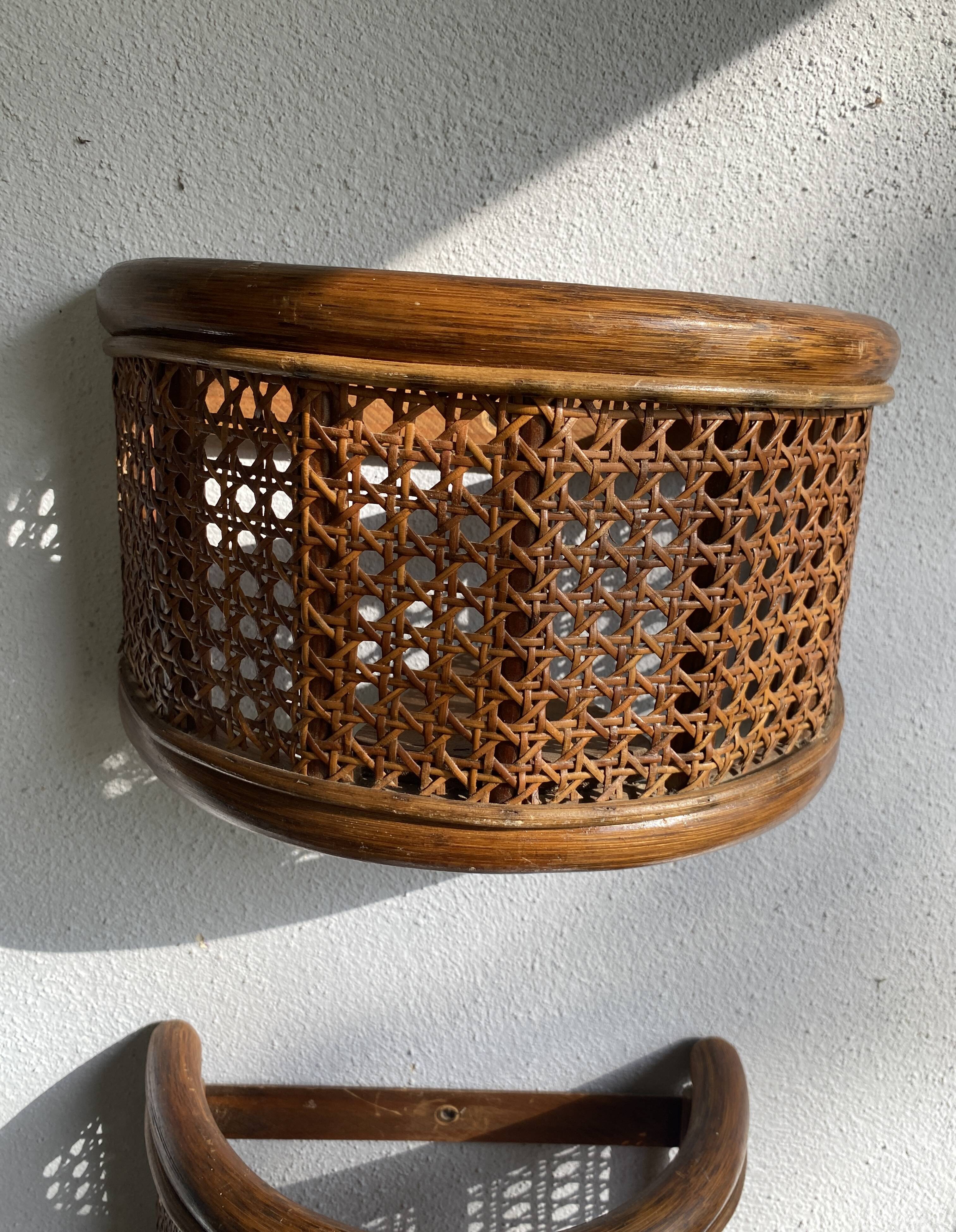 Duo wall lights, 3 M fabric cable, rattan and cane, 70s