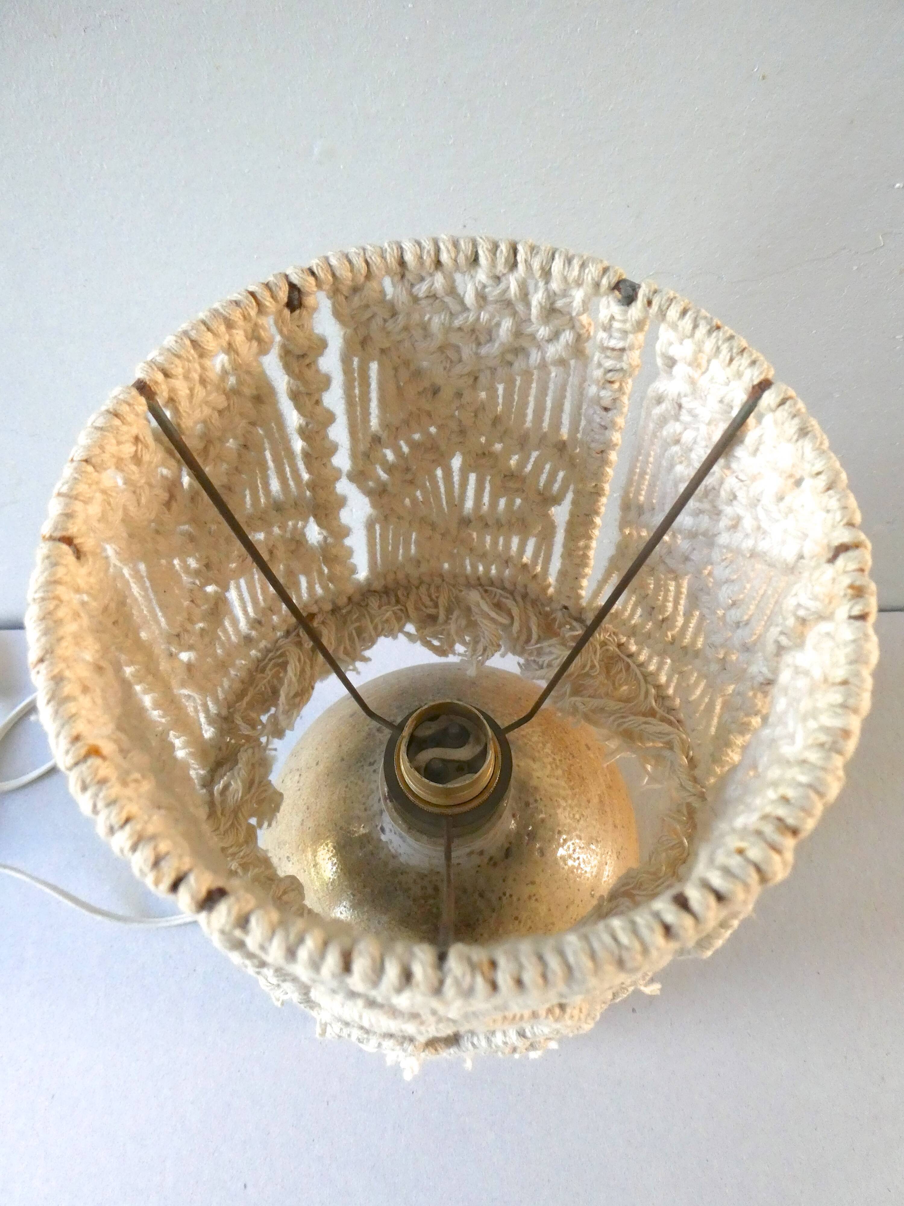 Sandstone lamp with a macrame Lampshade, Jean Migeon