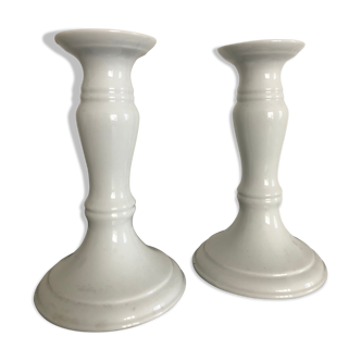 Pair of white candle holders, Limoges porcelain