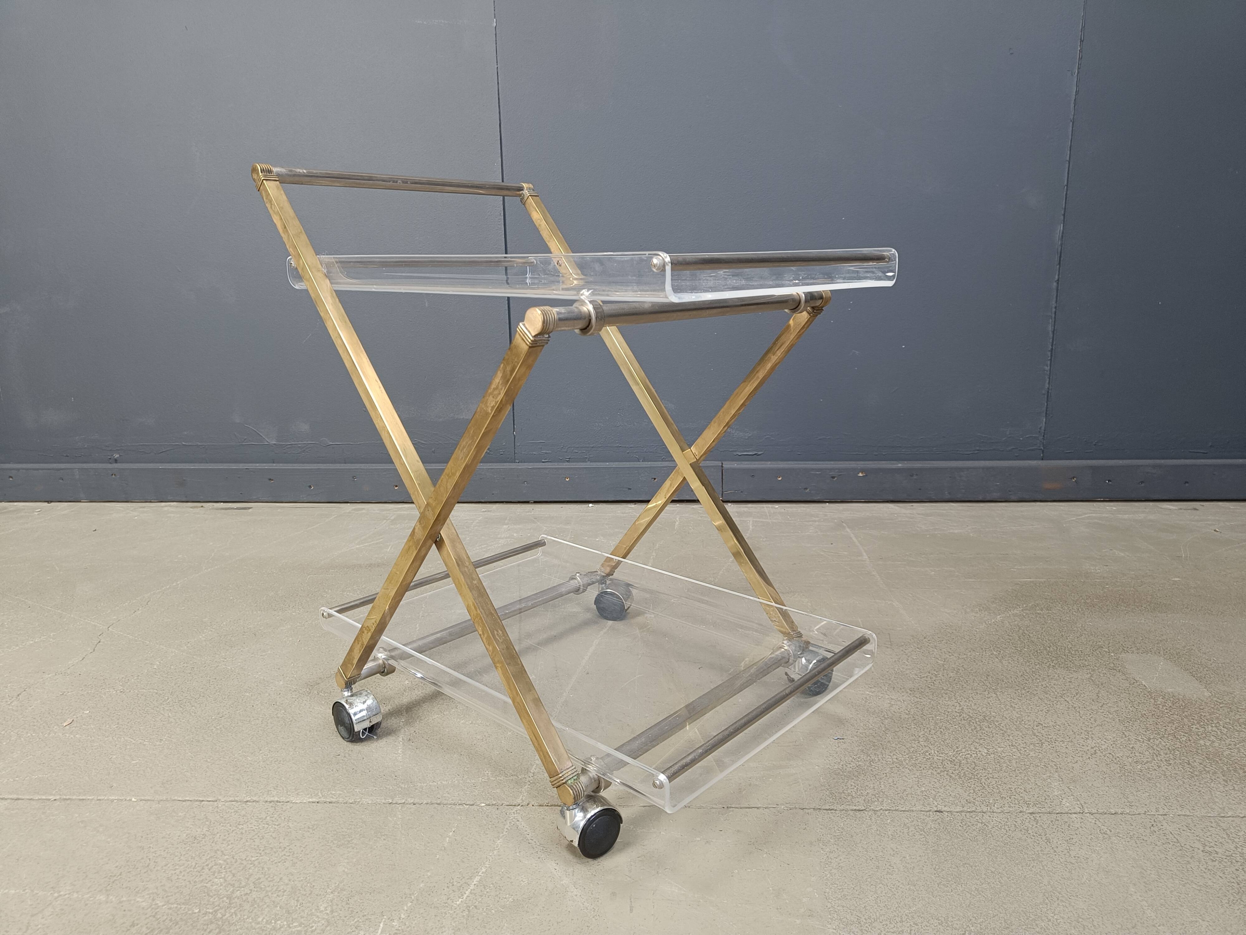 Vintage lucite and brass trolley, 1970s