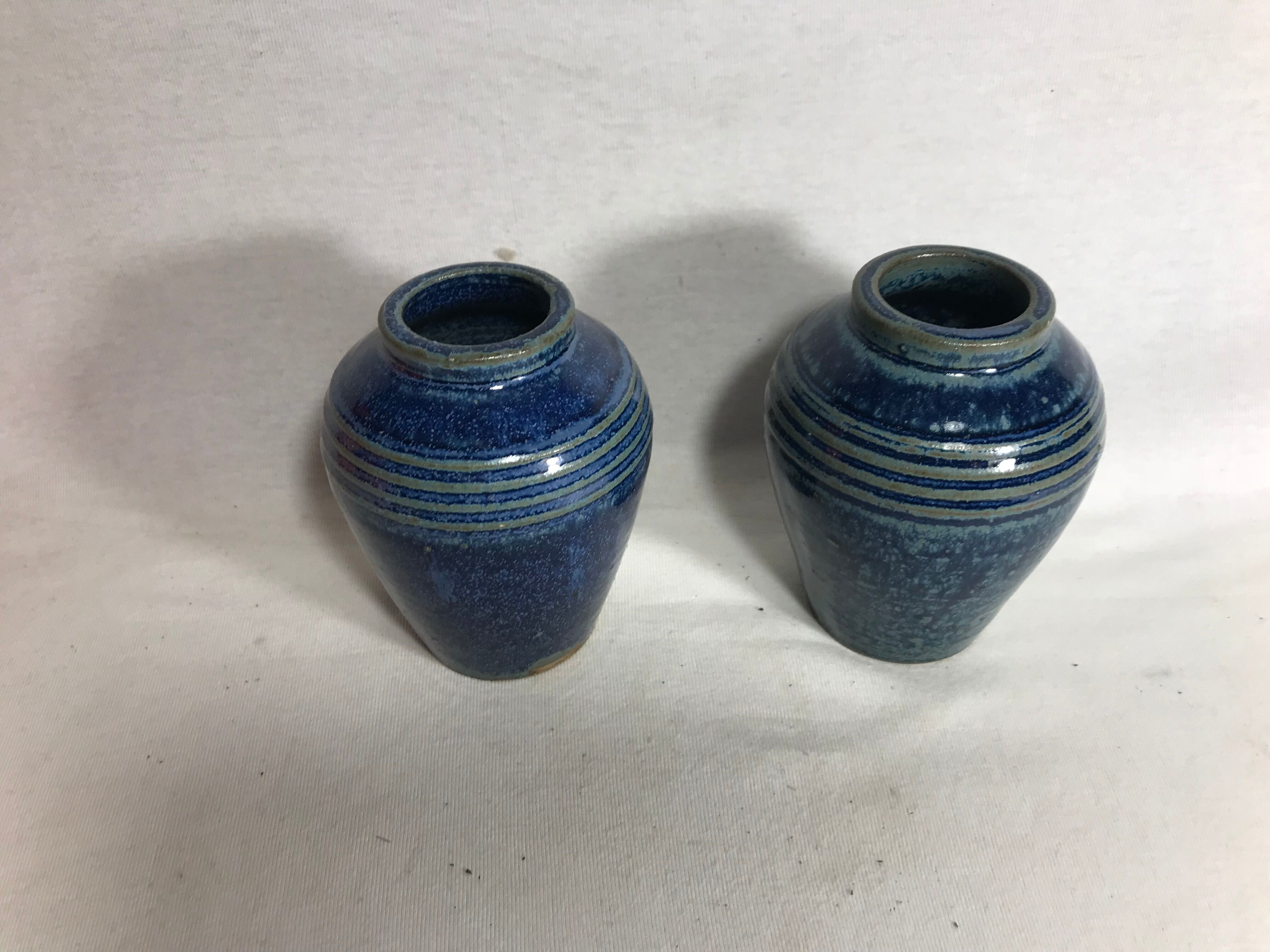 Lot of 2 old vases blue ceramic 70s