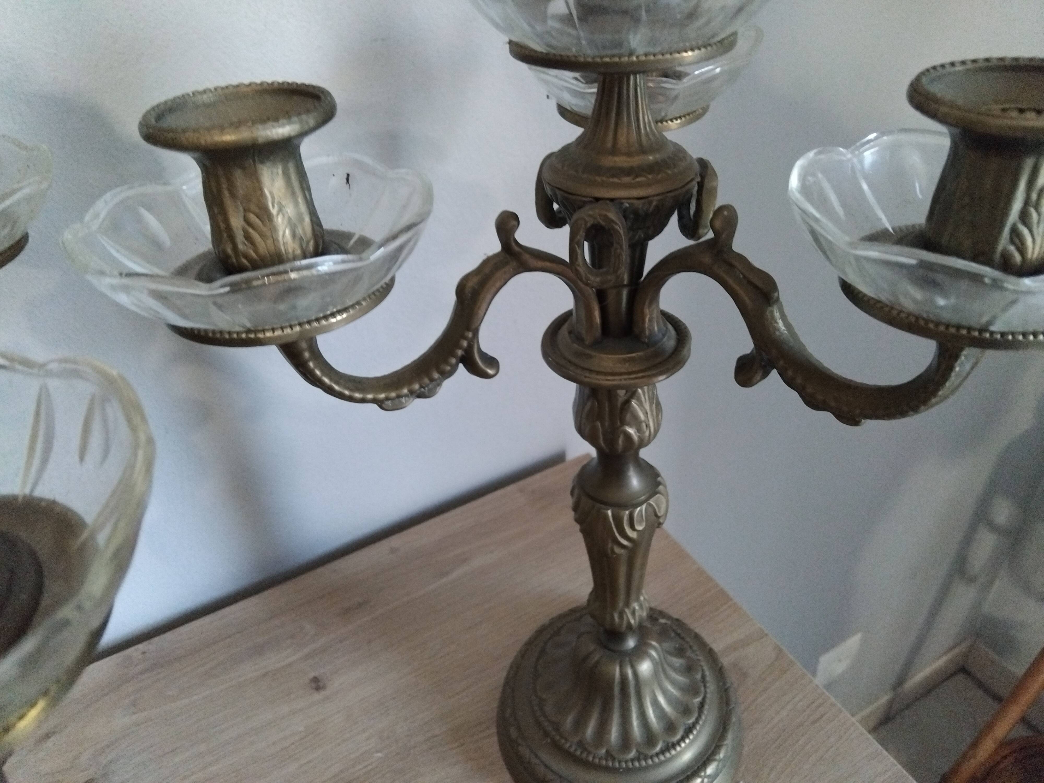Pair of candelabra candle holders in bronze and glass louis xvi