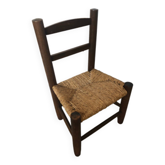 Baby children's chair turned wood + vintage woven straw seat