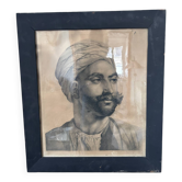 19th-century framed Orientalist portrait in pencil – 51 x 56 cm superb