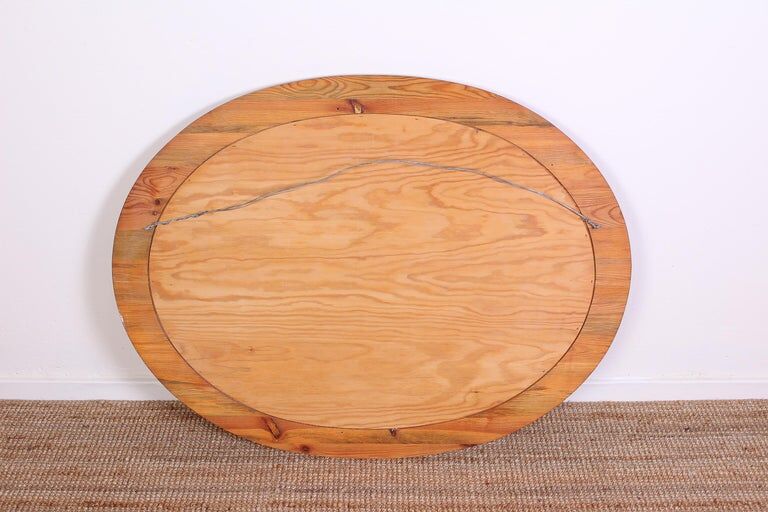 Mid-century oval mirror in solid pine Sweden 1960s 120x95cm