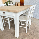 Ancienne table de ferme piétement patine blanche
