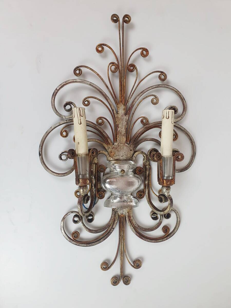 Pair of Silver Wrought Iron And Glass Wall Lights by Banci, Italy, 1940s