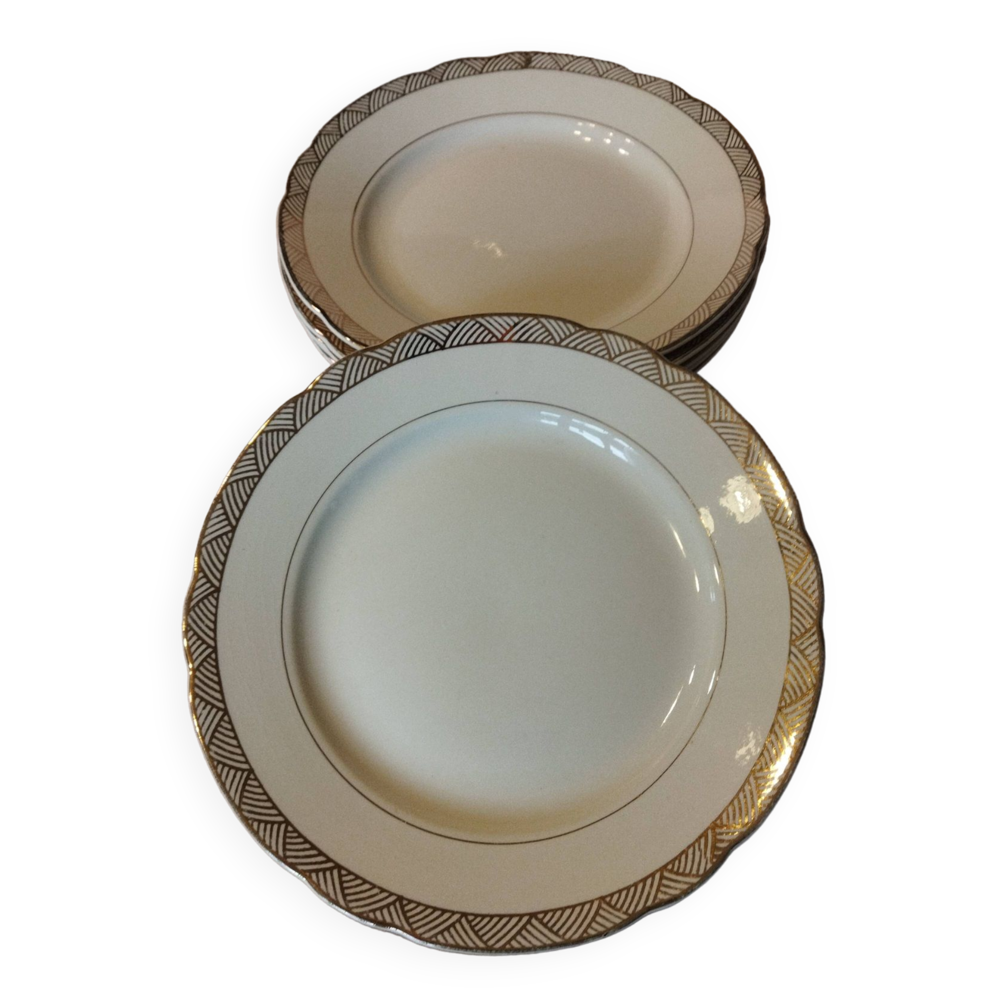 6 assiettes plates Villeroy & Boch Mettlach ivoire et or vintage 1950s