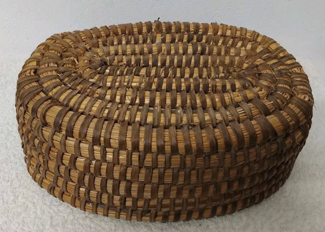 Antique Bread Basket - Vintage Braided Straw Bun Basket
