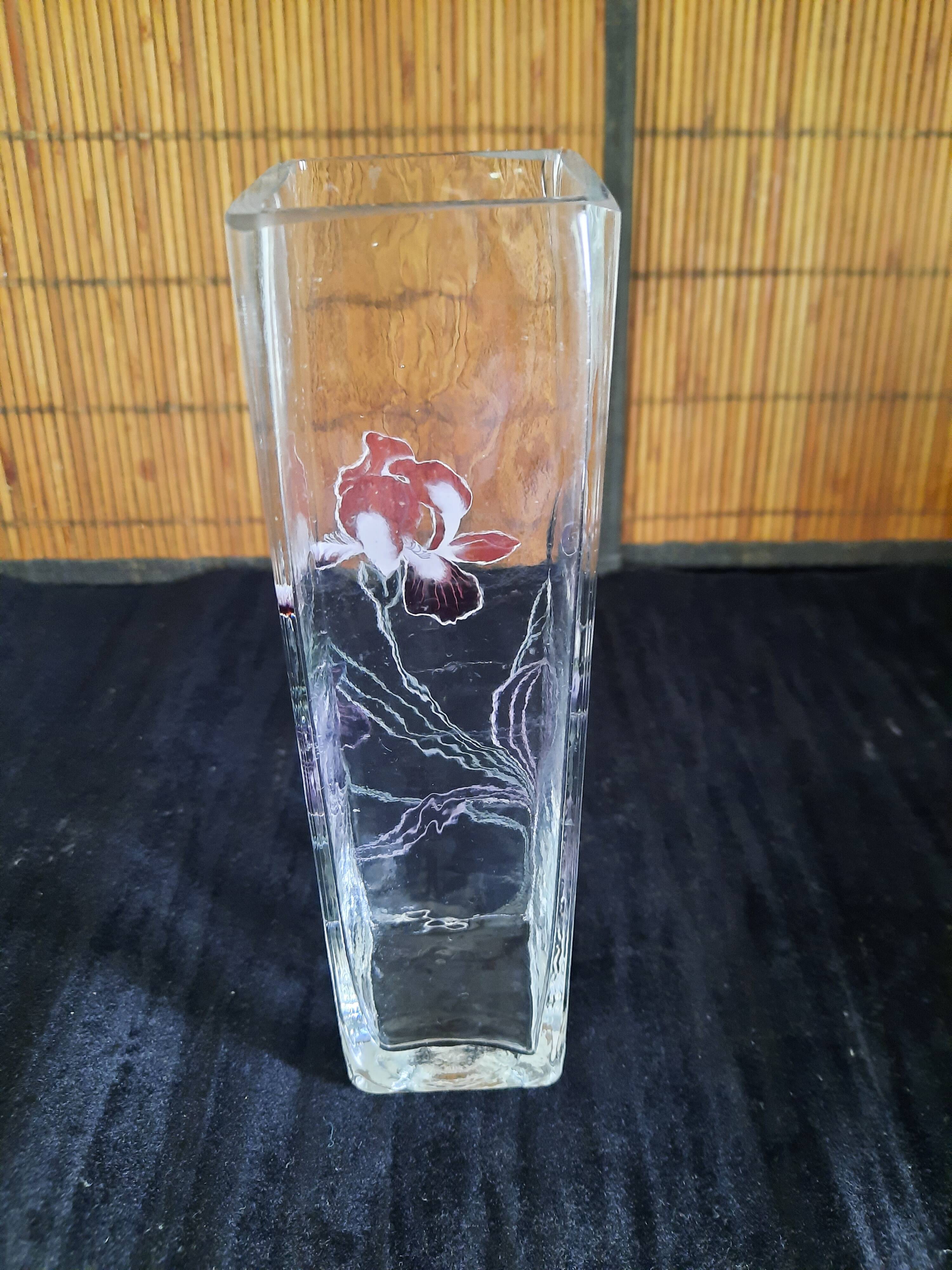 Small square glass soliflore vase - Floral iris decoration - H 19 cm