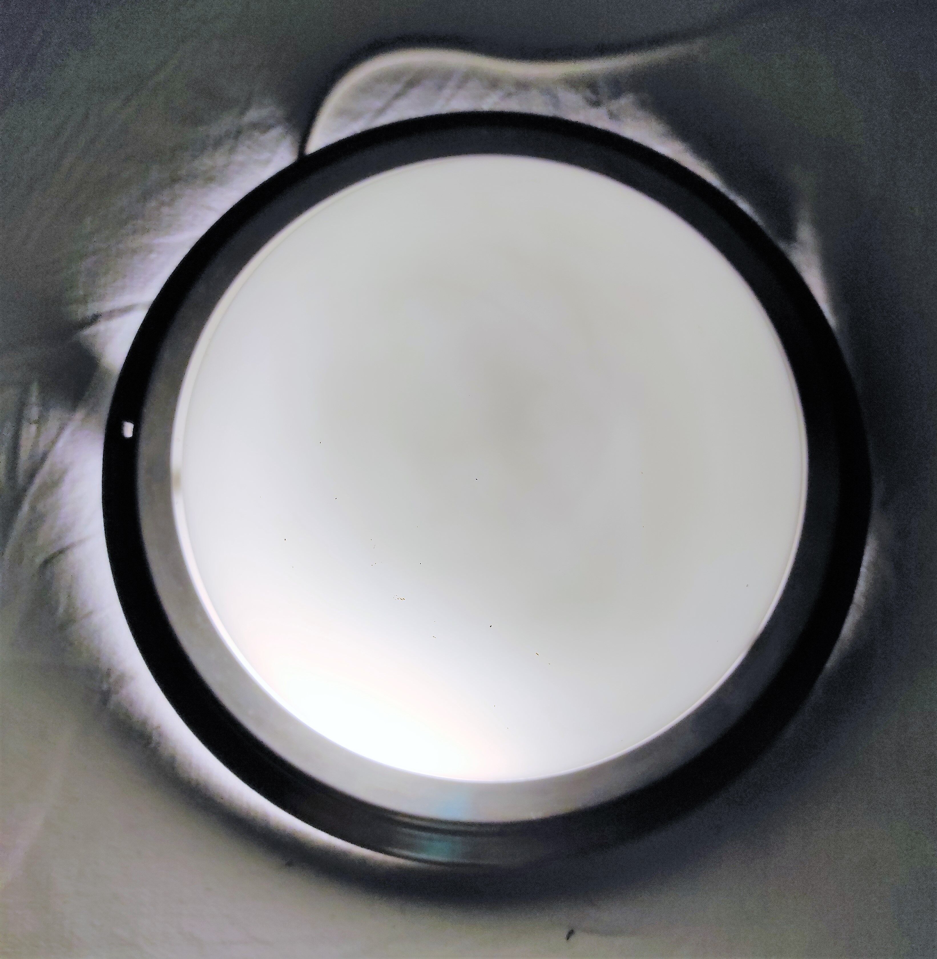 Old ceiling light in aluminum and half sphere in white Opaline around 1930/1940