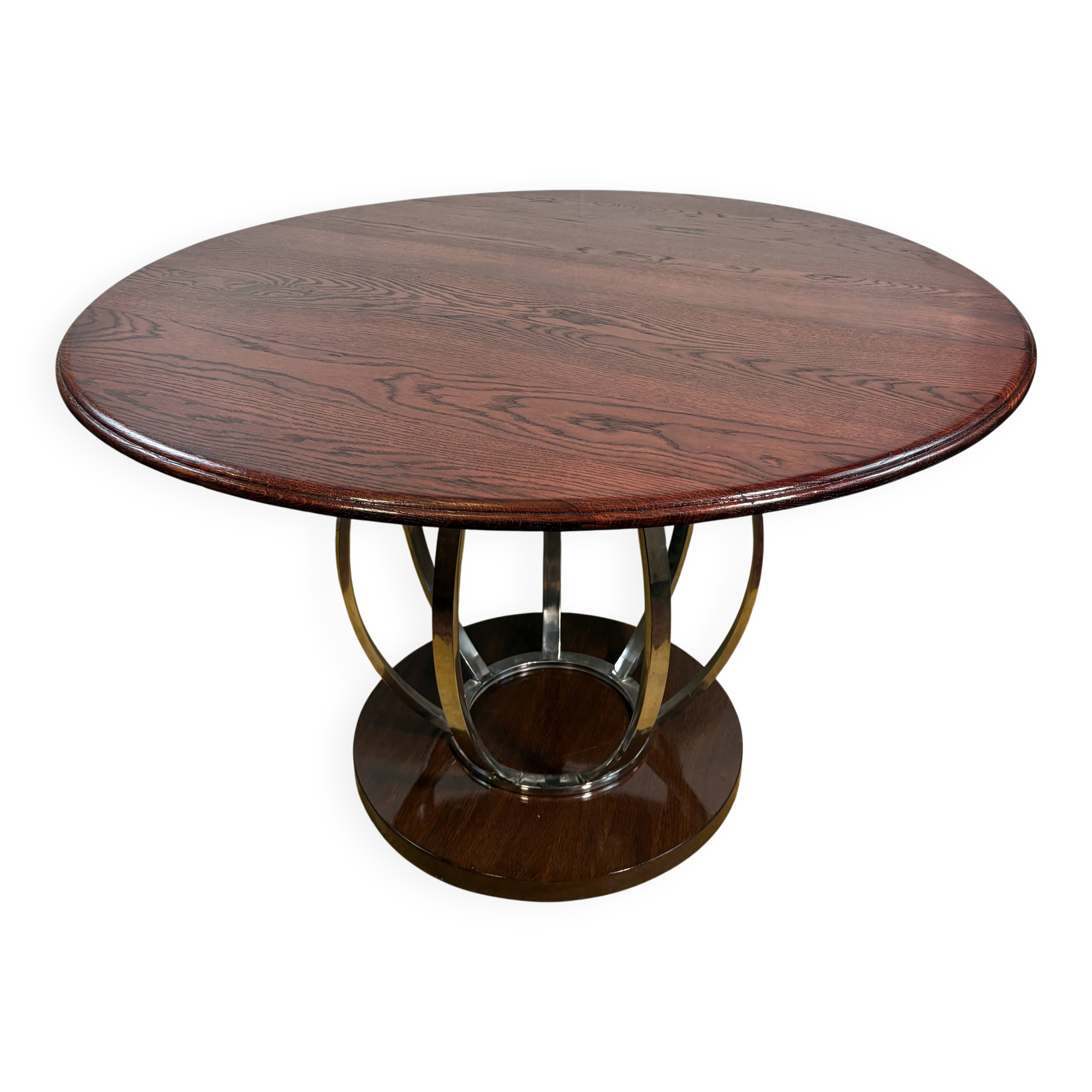 Vintage Art Deco Style Round Dining Table – Oak Top & Chrome Base – Designe