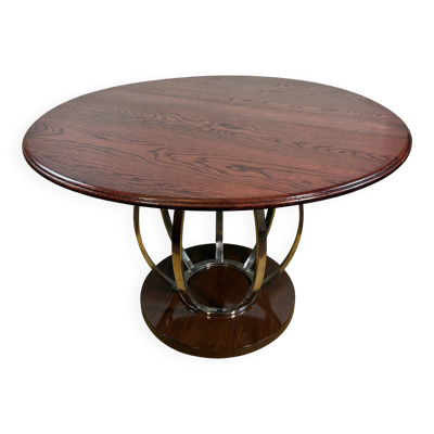 Table à manger ronde de style Art Déco vintage – Plateau en chêne et base en chrome – Design