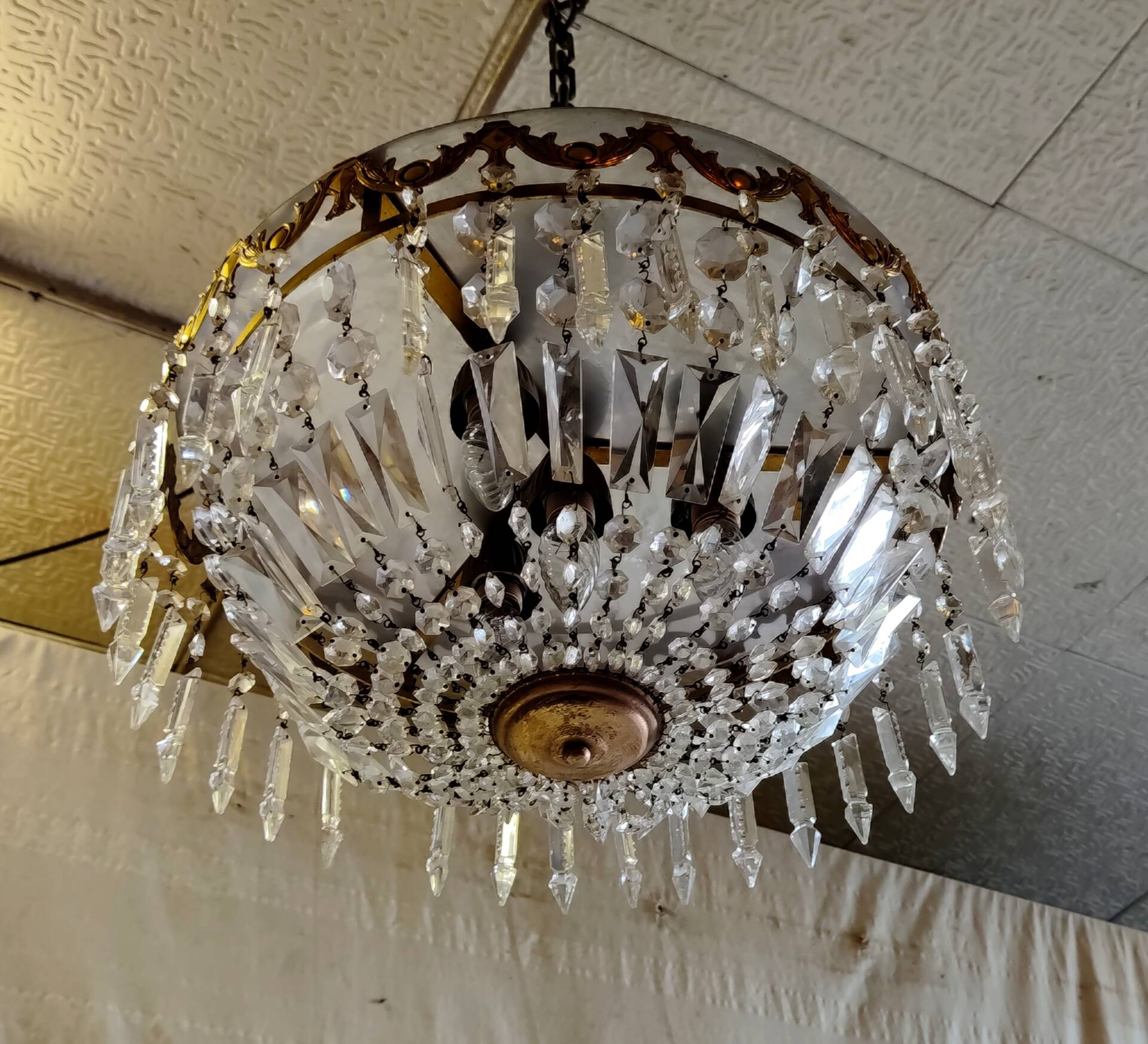 Glass and brass basket ceiling light - mid 20th century.