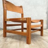 Armchair in solid elm and leather Maison Regain 1970