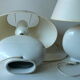 2 bedside lamps made of white ceramic with floral motifs and fabric lampshades, vintage from the 70s