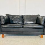 Vintage retro danish mogens hansen 2 person black leather sofa