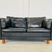 Vintage retro danish mogens hansen 2 person black leather sofa