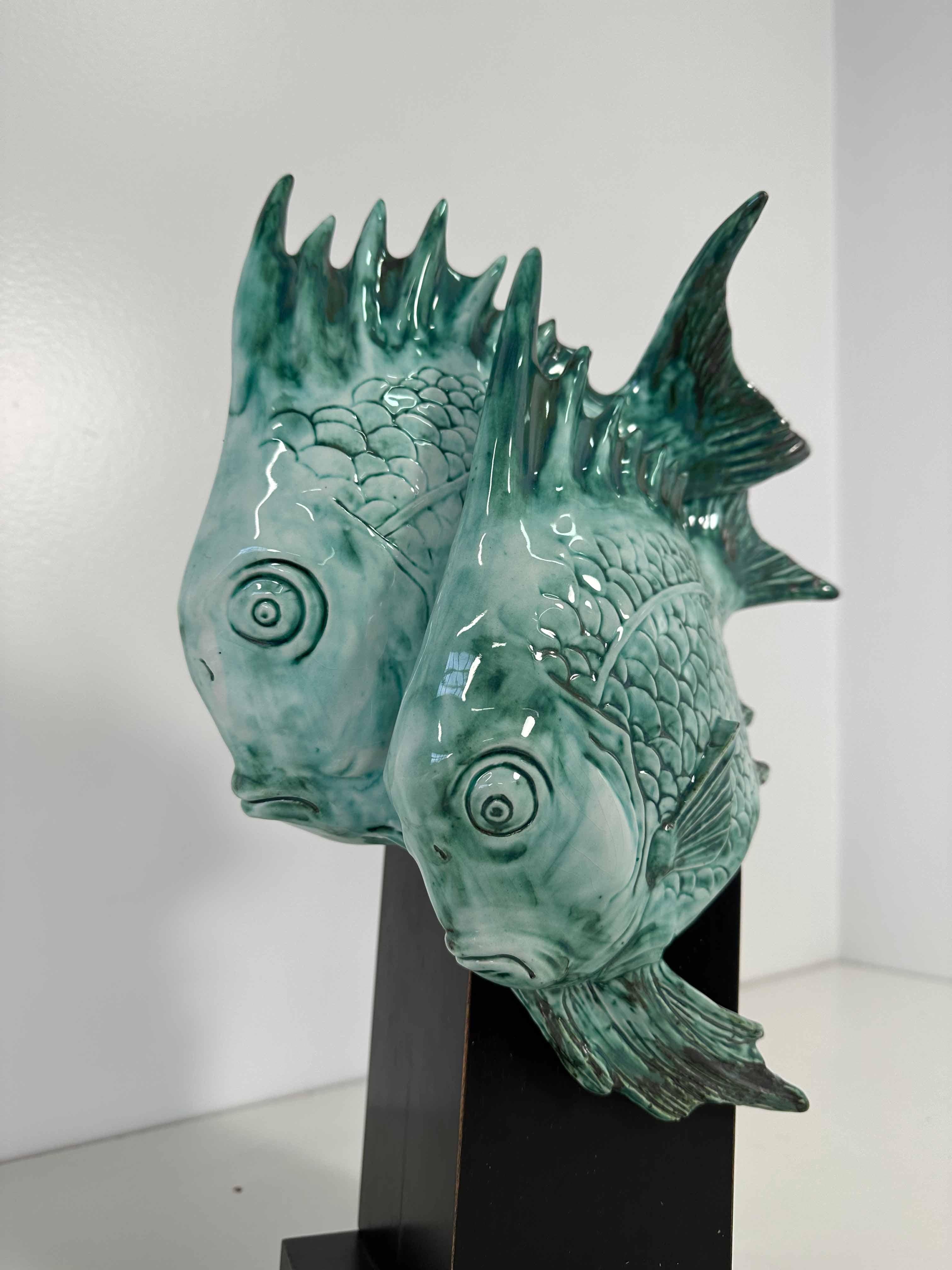 Light Blue Porcelain and Ebonized Wood Fish Sculpture by Guido Cacciapuoti Art Deco, 1930s