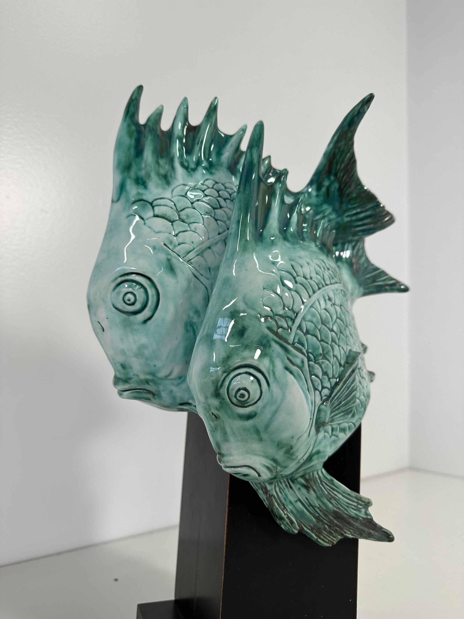 Light Blue Porcelain and Ebonized Wood Fish Sculpture by Guido Cacciapuoti Art Deco, 1930s