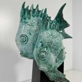 Light Blue Porcelain and Ebonized Wood Fish Sculpture by Guido Cacciapuoti Art Deco, 1930s