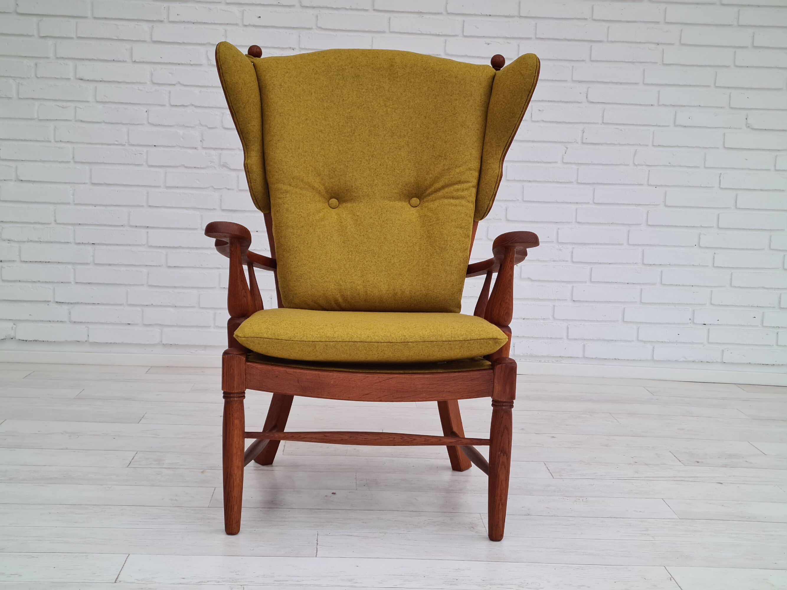 Danish high-backed ear flap chair, 1960s, reupholstered, solid oak, furniture wool
