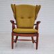 Danish high-backed ear flap chair, 1960s, reupholstered, solid oak, furniture wool