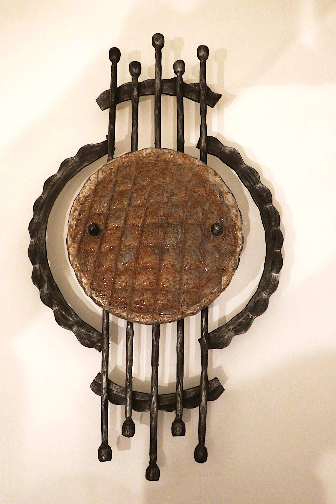 Mid century Brutalist wrought iron and Murano glass wall light, 1950-60