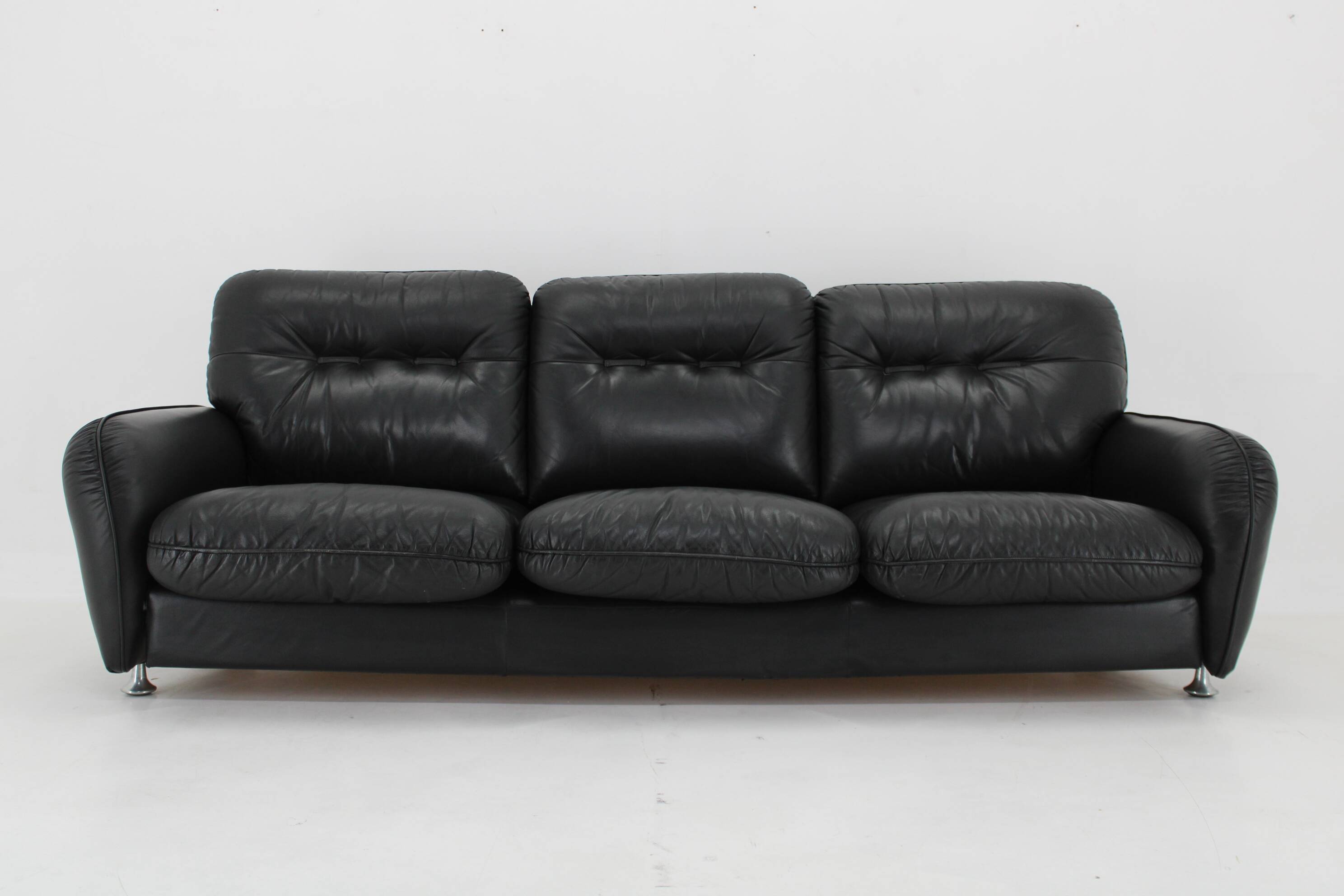 1970s 3-Seater Sofa in Black Leather,Italy