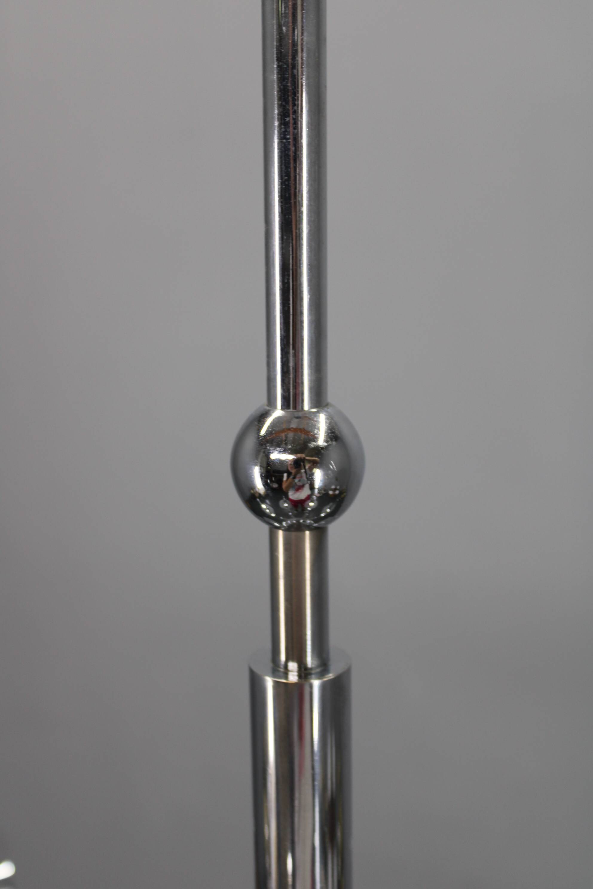 Art Deco chrome chandelier with 6 sandblasted glass discs, Czechoslovakia 1930s