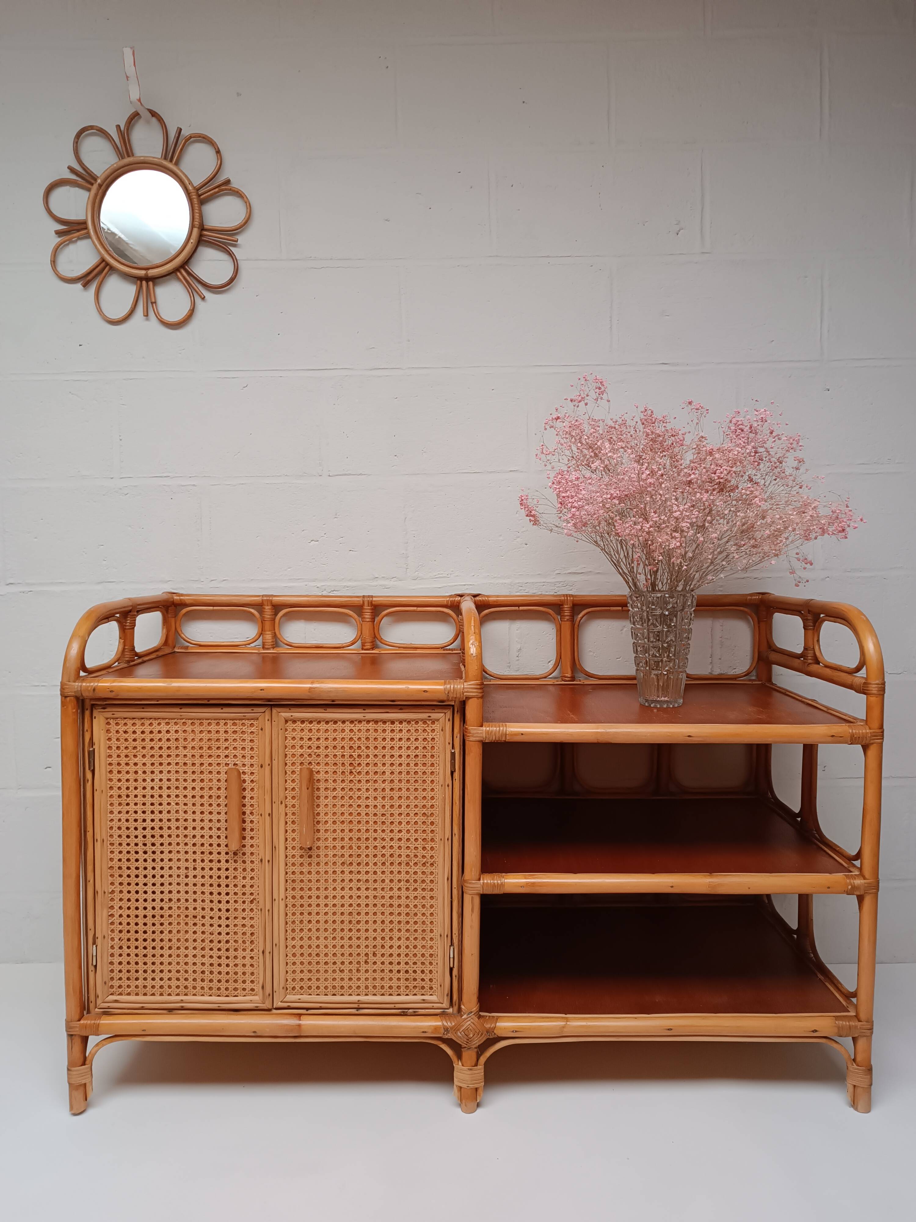 Vintage cane rattan and wood sideboard