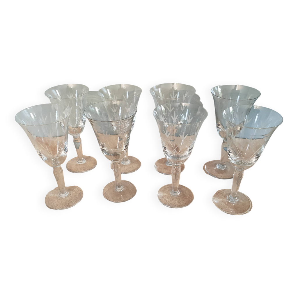 Saint-louis Série De 8 Verres à Vin Art Nouveau Thistle Gravure Muguet 1900 H13cm