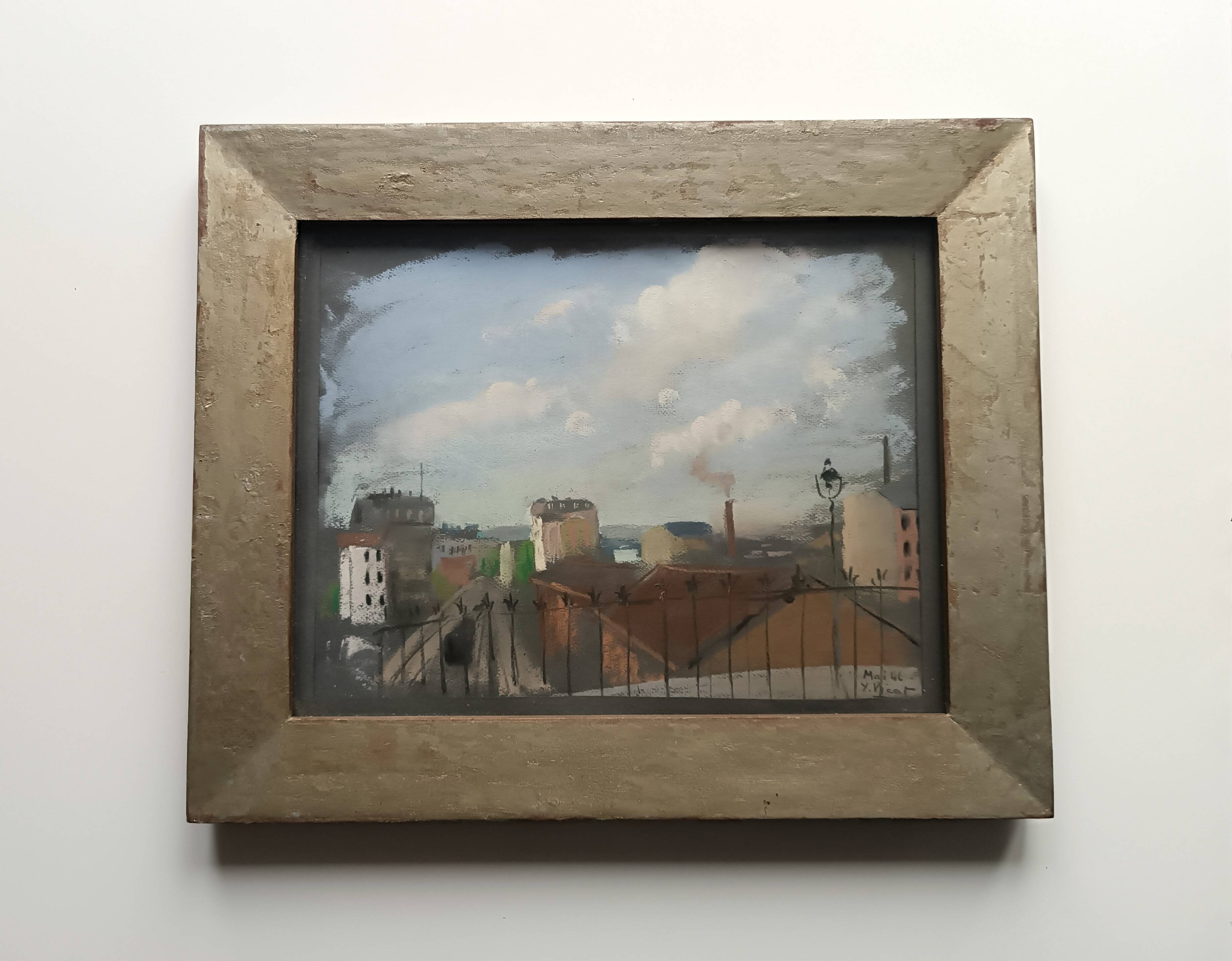 Yvonne Vicat (1902-1994) Pastel Tableau Paysage urbain mai 1946