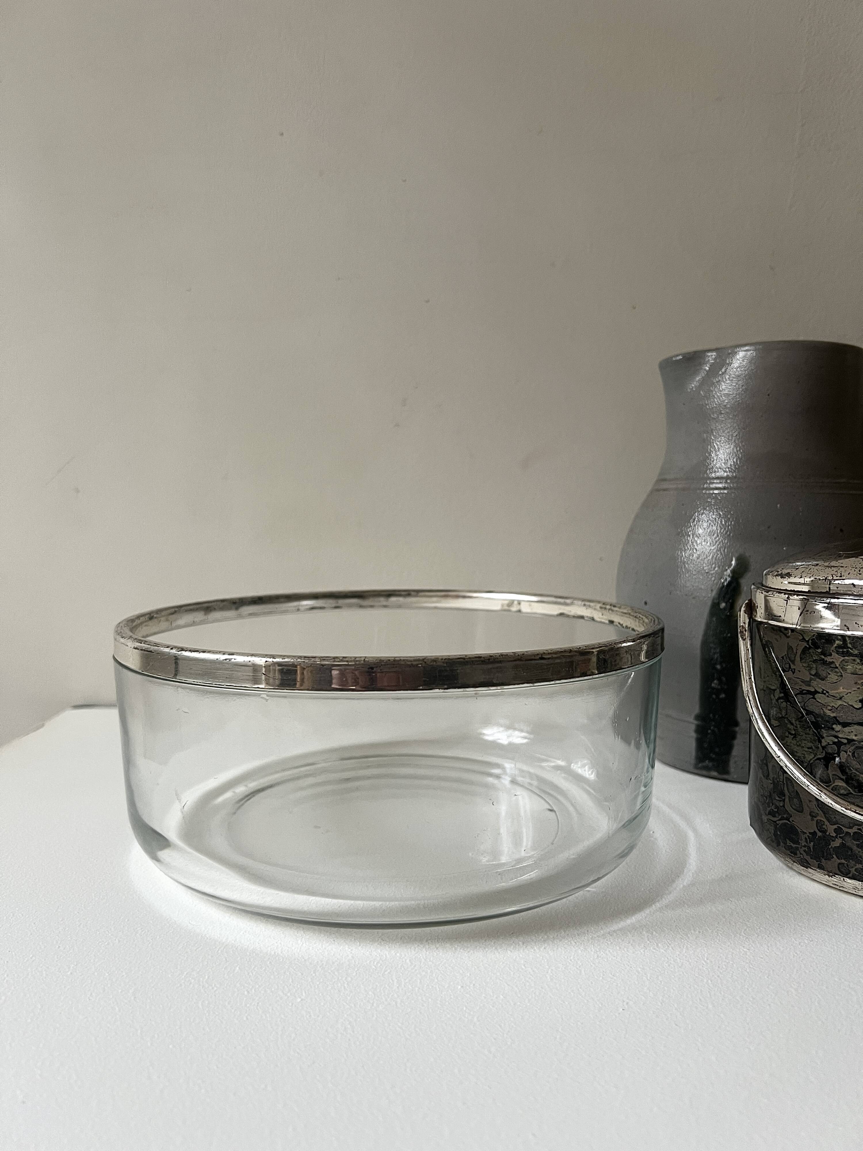 Large glass salad bowl with chrome metal rim, Bormioli Rocco Italy 1970.