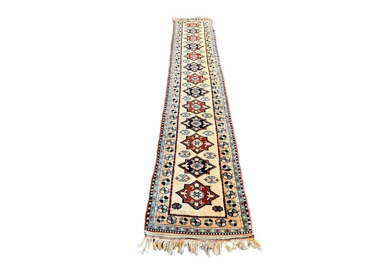 Baby Blue and Beige Long Vintage Hallway Runner