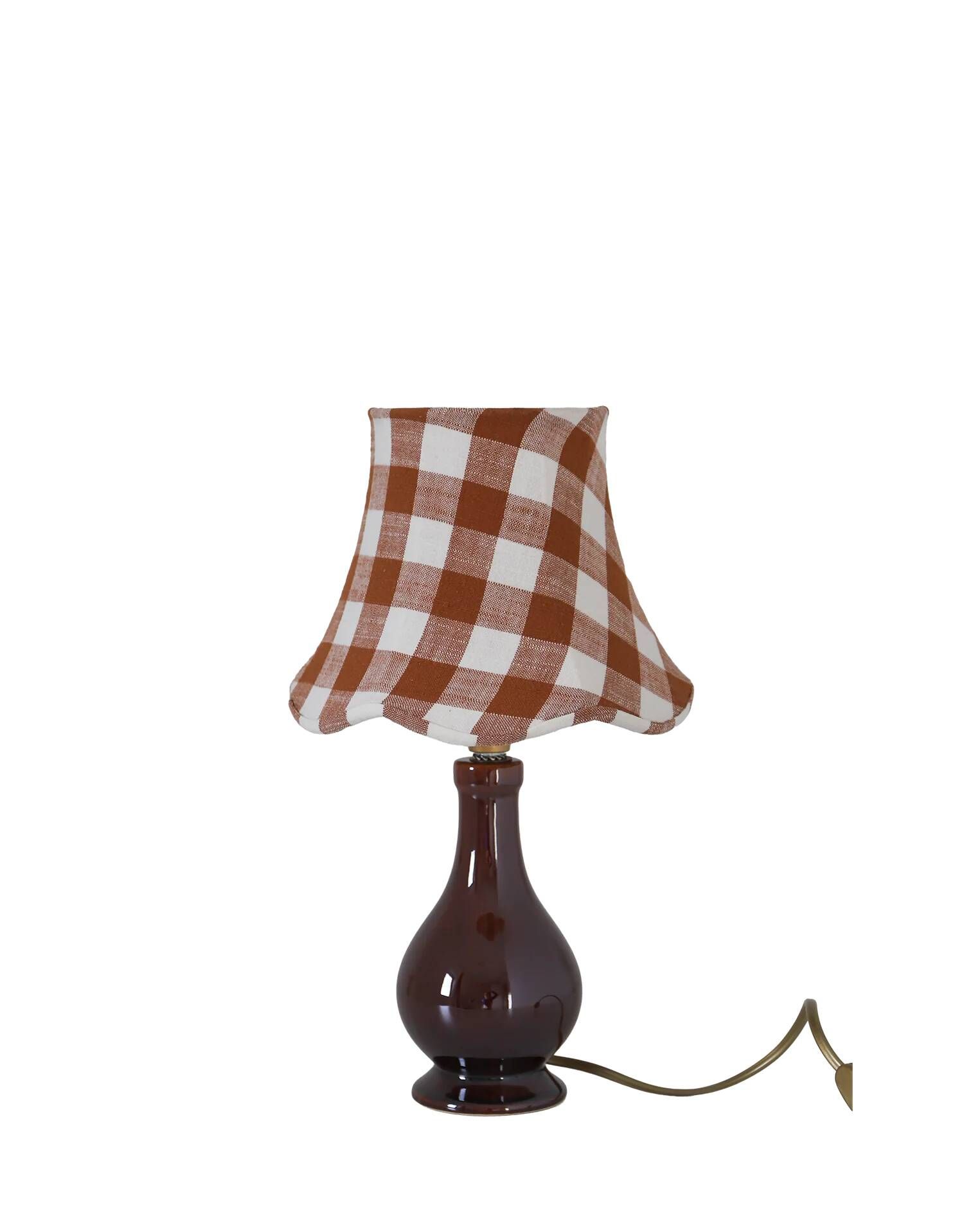 Recycled vintage lamp — brown ceramic base, terracotta gingham shade