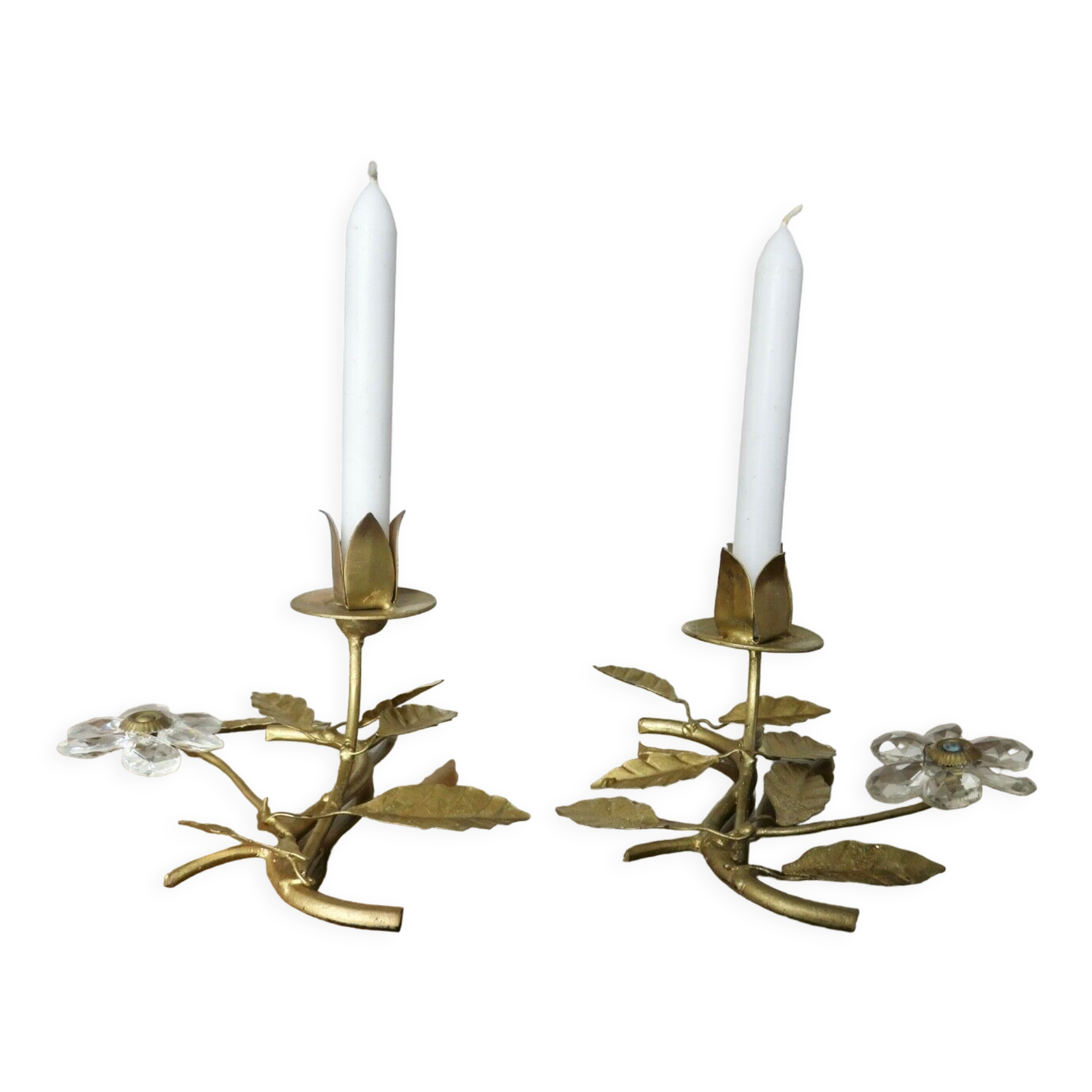 Pair of gilded metal candle holders and tassels