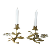Pair of gilded metal candle holders and tassels
