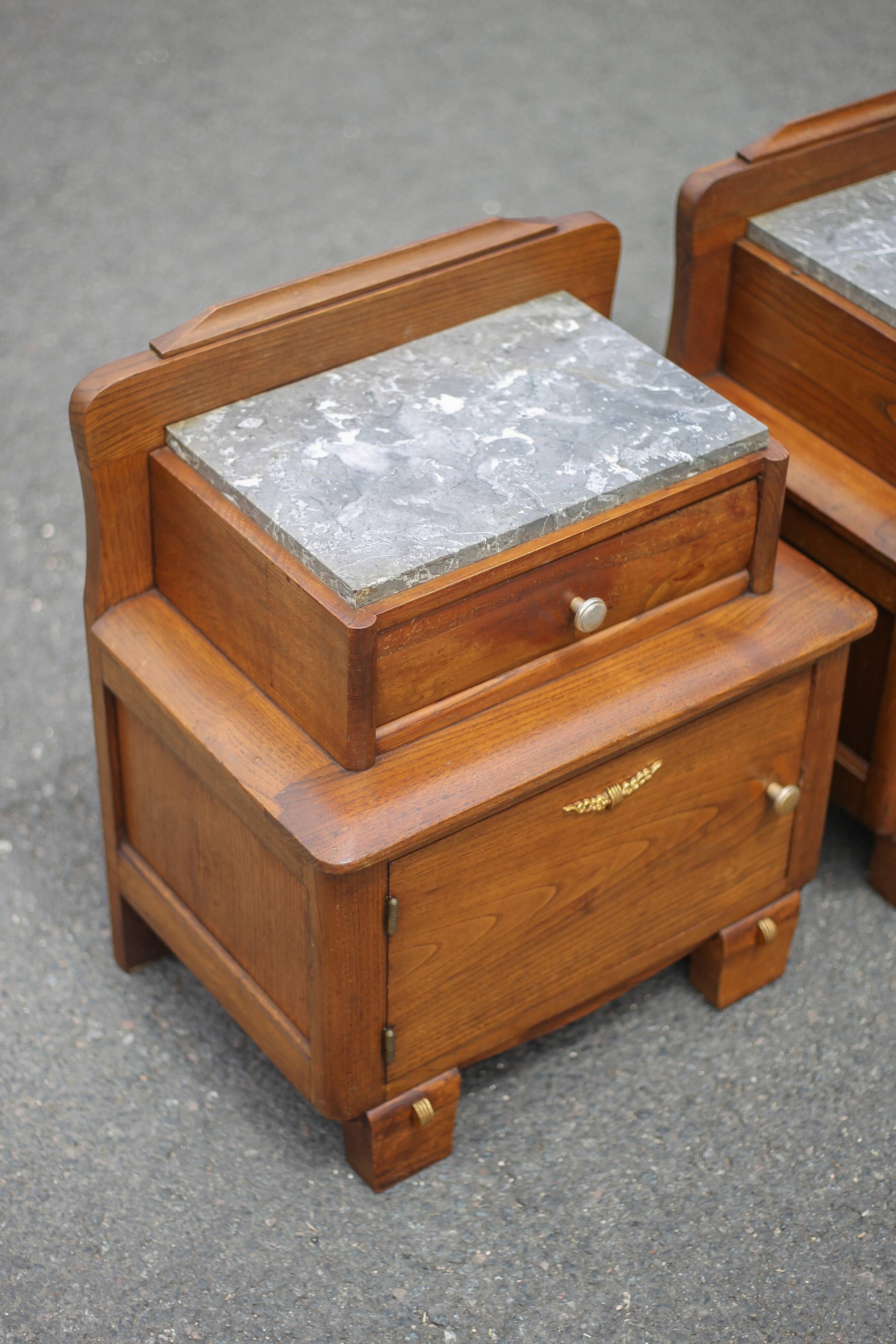 Pair of wooden nightstands, art deco style wooden bedside table, wood and marble table