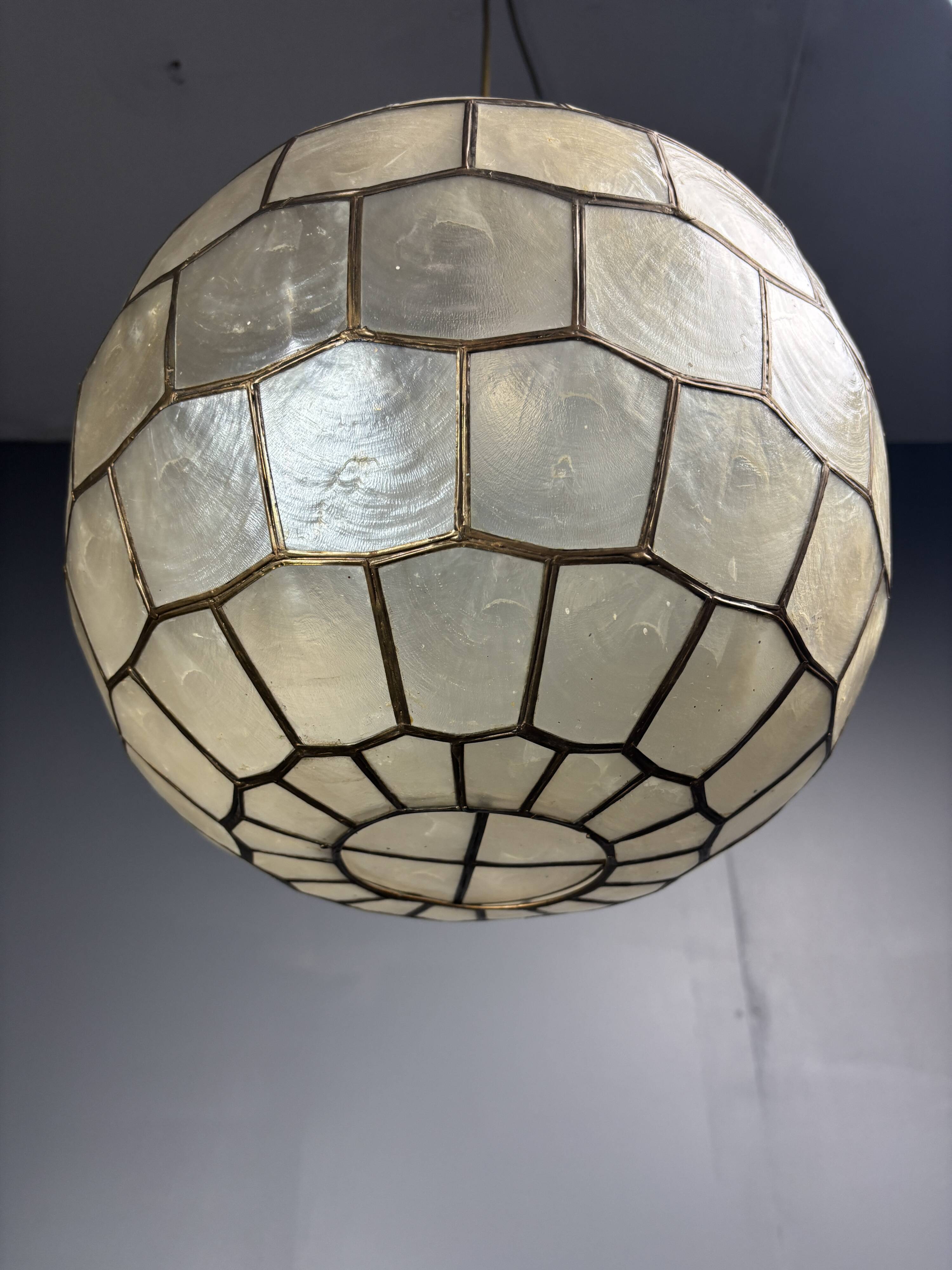 Midcentury mother of pearl Capiz shell & brass sphere large pendant, 1960s