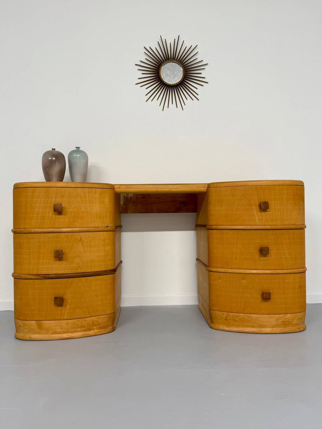 Old beech desk in art deco style with drawer, vintage 60s