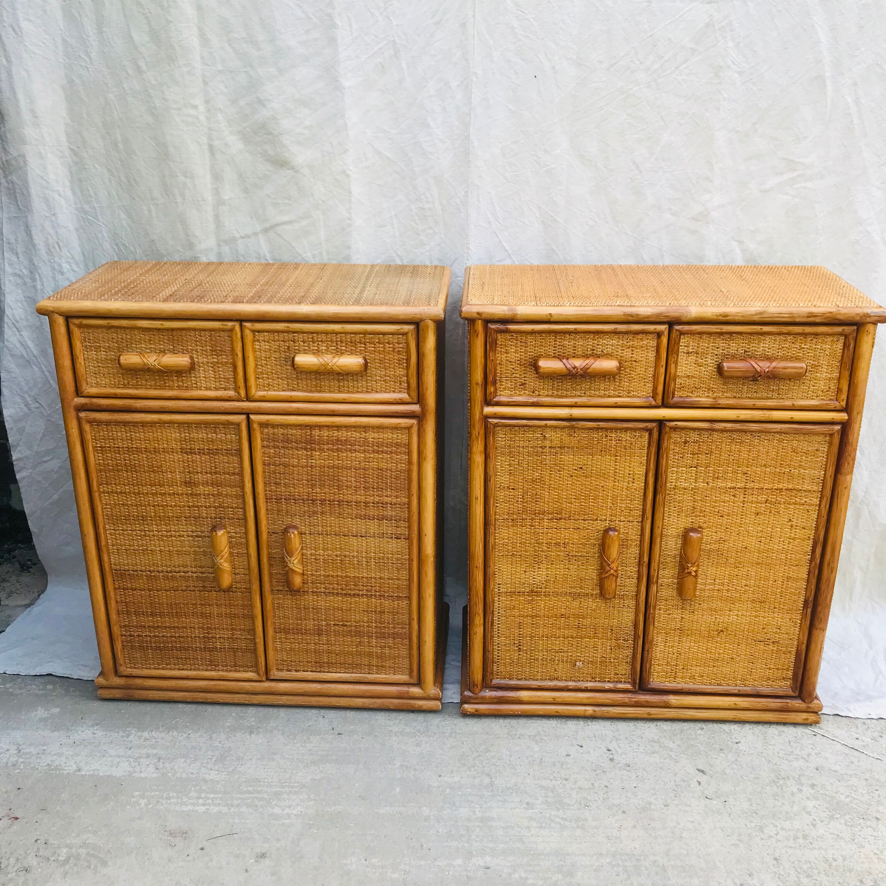 Pair of sideboards in rattan and wicker braided vintage 1970.