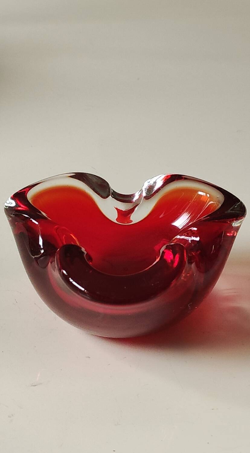 Murano Sommerso Ashtray/Vide Poche. Amber Iridescent Red Glass