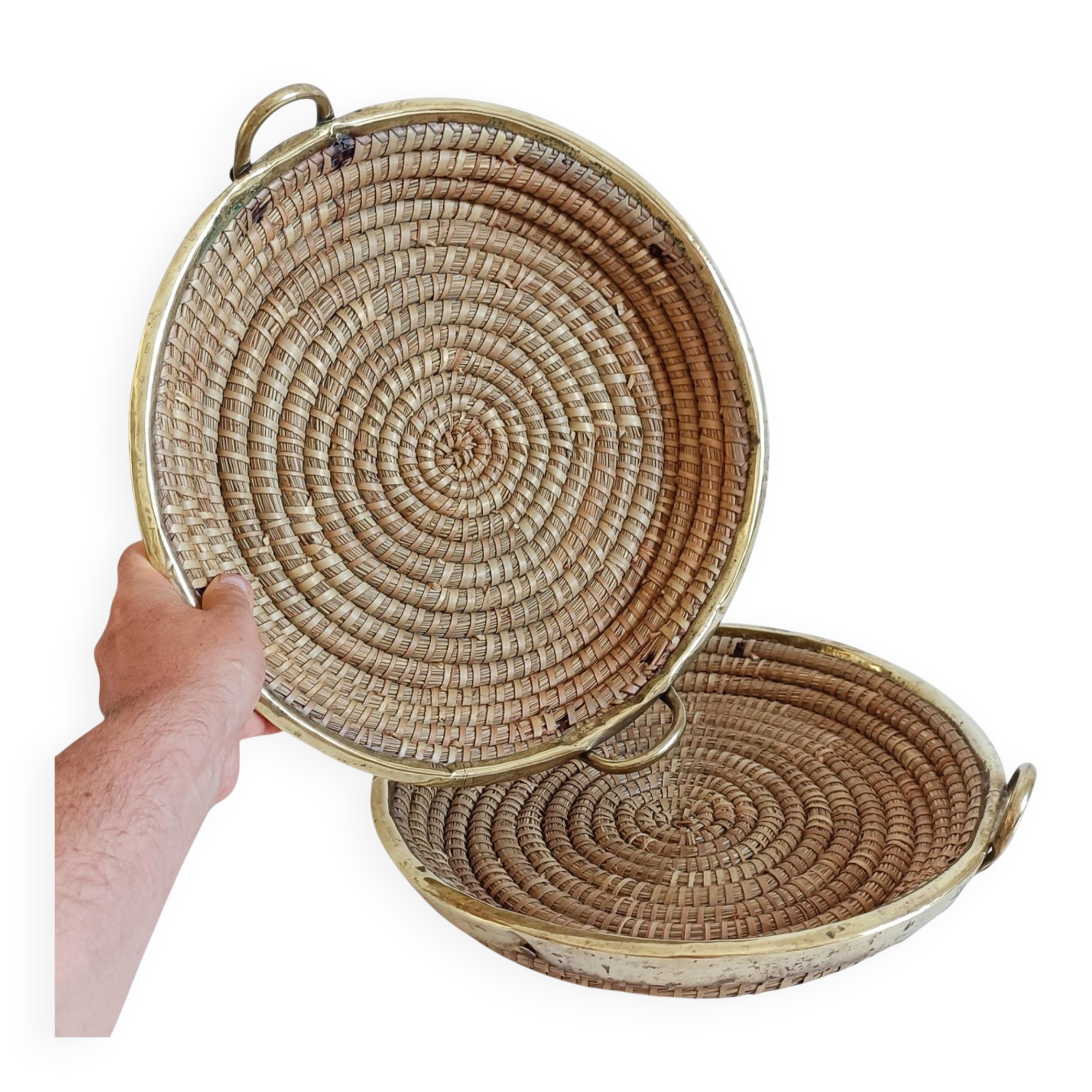 1970s Gabriella Crespi Style Handmade Natural Fiber and Brass Trays