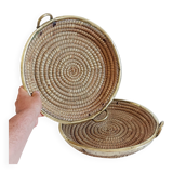 1970s Gabriella Crespi Style Handmade Natural Fiber and Brass Trays