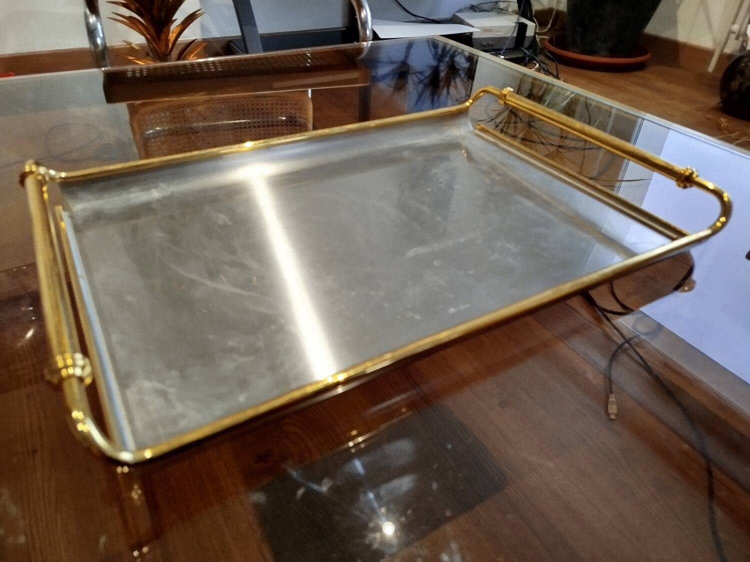 Rectangular brass and metal tray, 70s