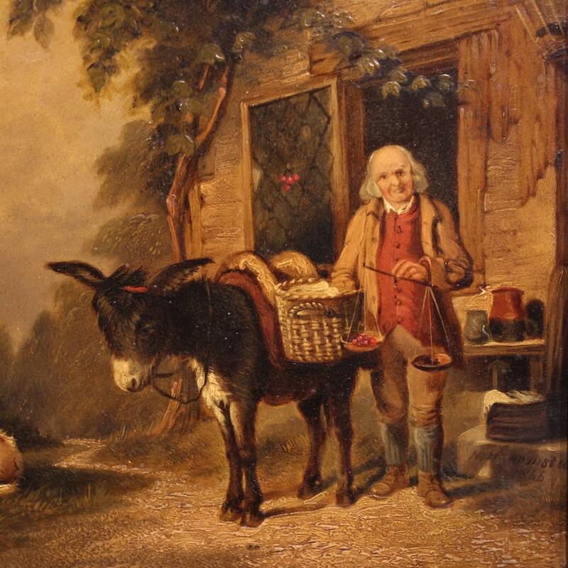 Peinture anglaise antique d'une scène de genre rural datée de 1866