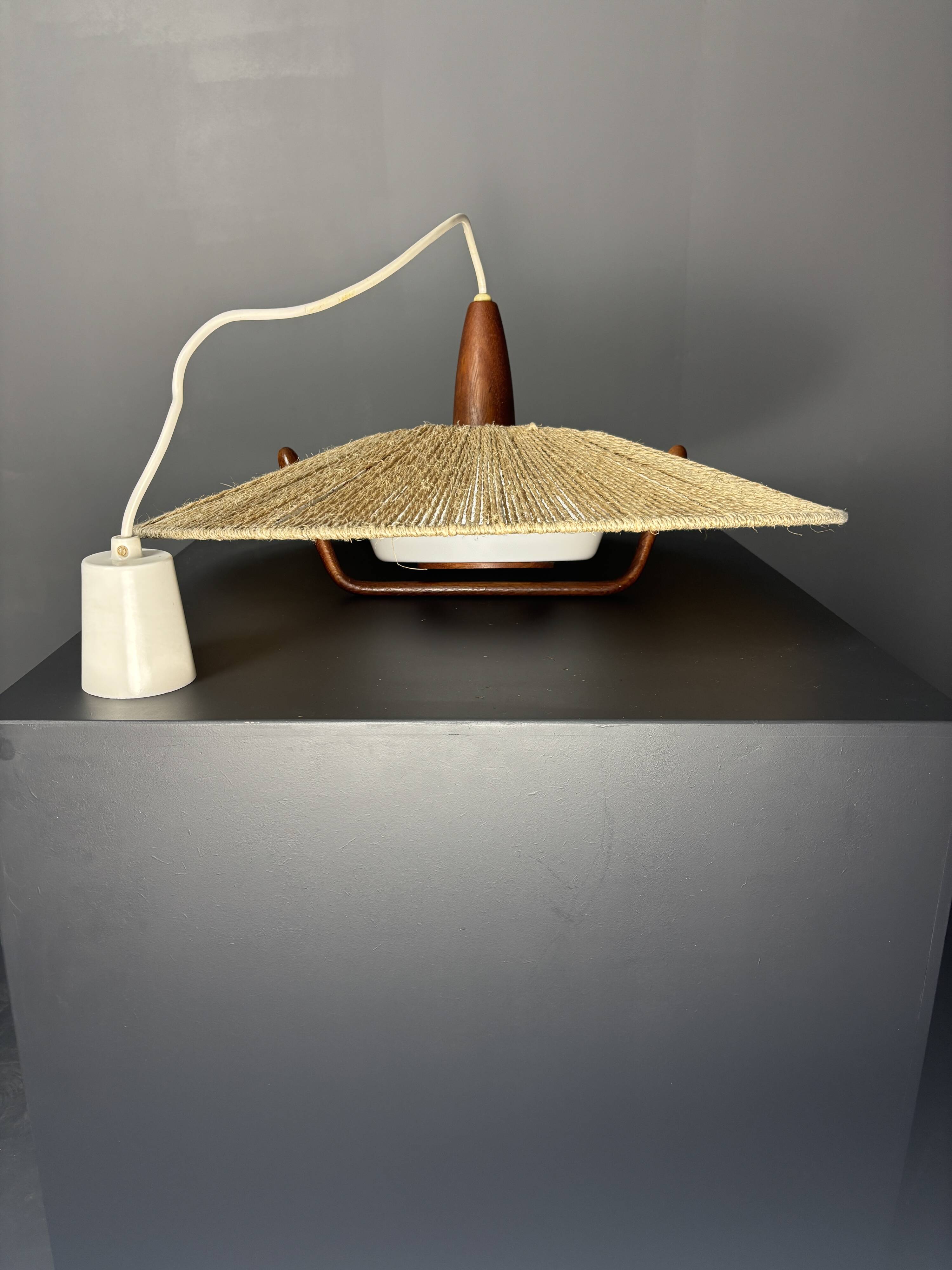 Large Mid-Century Teak and Sisal Cord Hanging Pendant by Temde Leuchten,60s