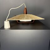 Large Mid-Century Teak and Sisal Cord Hanging Pendant by Temde Leuchten,60s